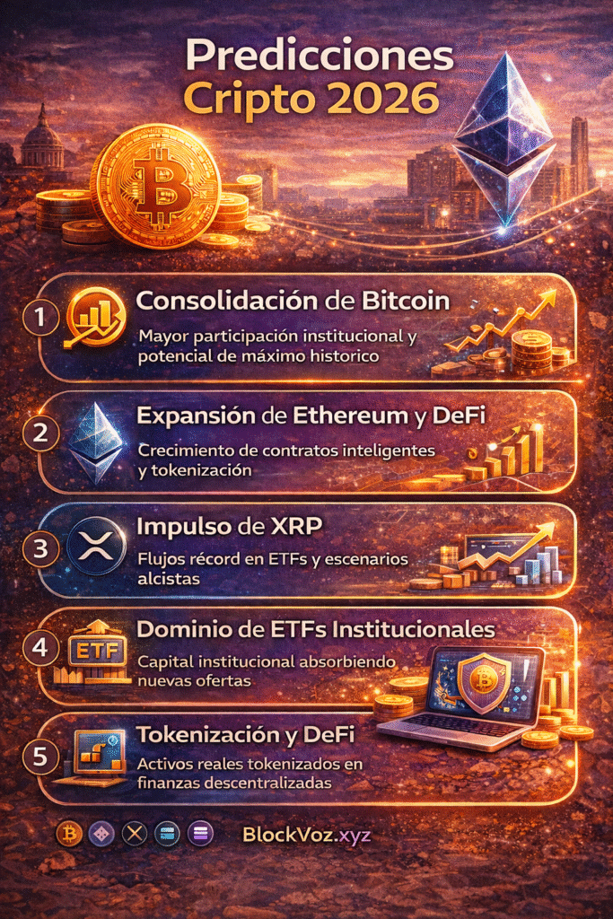 Predicciones cripto 2026: Bitcoin, Ethereum, XRP, ETFs e impacto institucional predicciones bitcoin 2026 BlockVoz