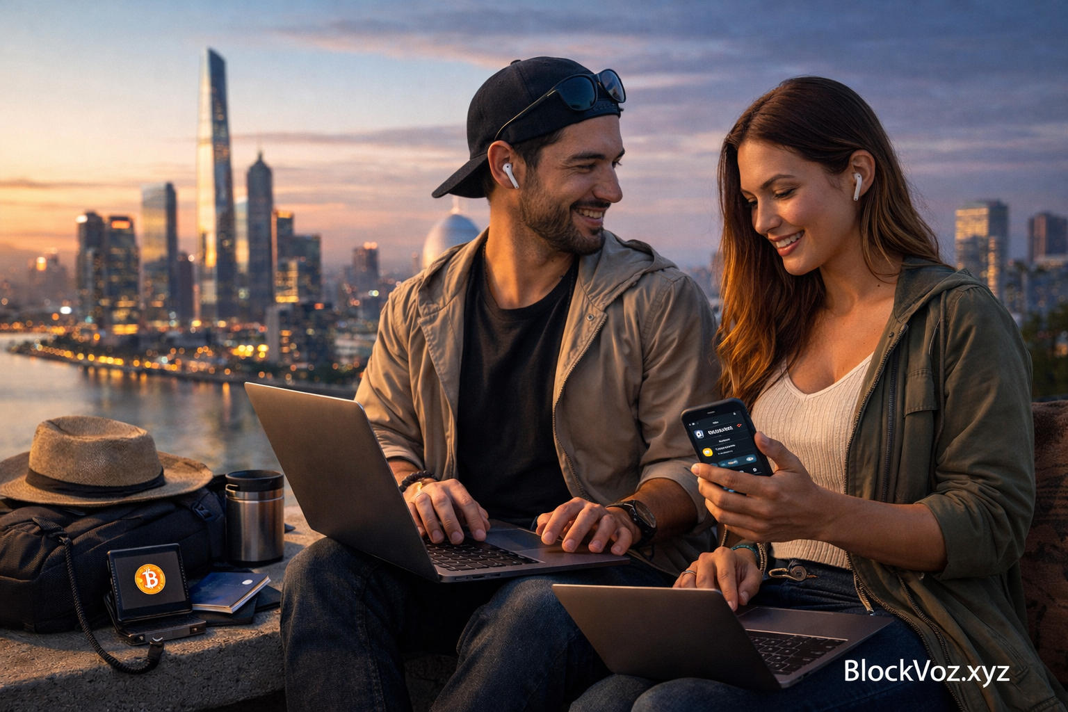 nómadas digitales al atardecer