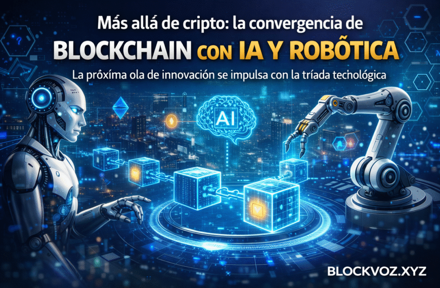 Representación de la convergencia entre blockchain, inteligencia artificial y robótica en la innovación tecnológica.