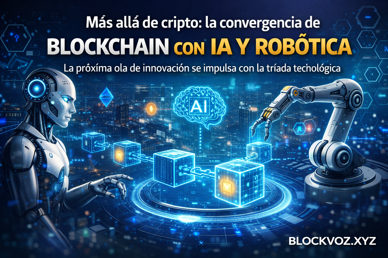 Representación de la convergencia entre blockchain, inteligencia artificial y robótica en la innovación tecnológica.