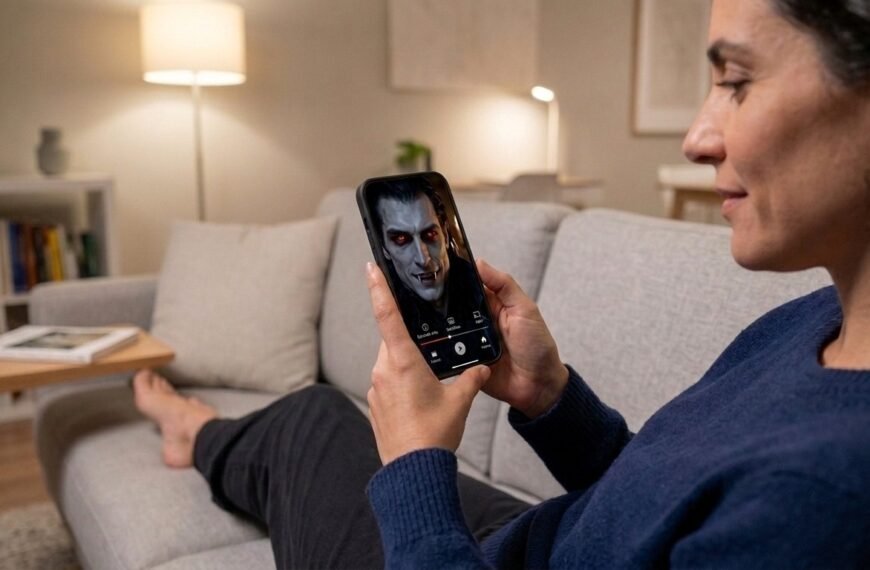 (16 9) mujer viendo serie vertical de vampiros hecha con ia por gennial