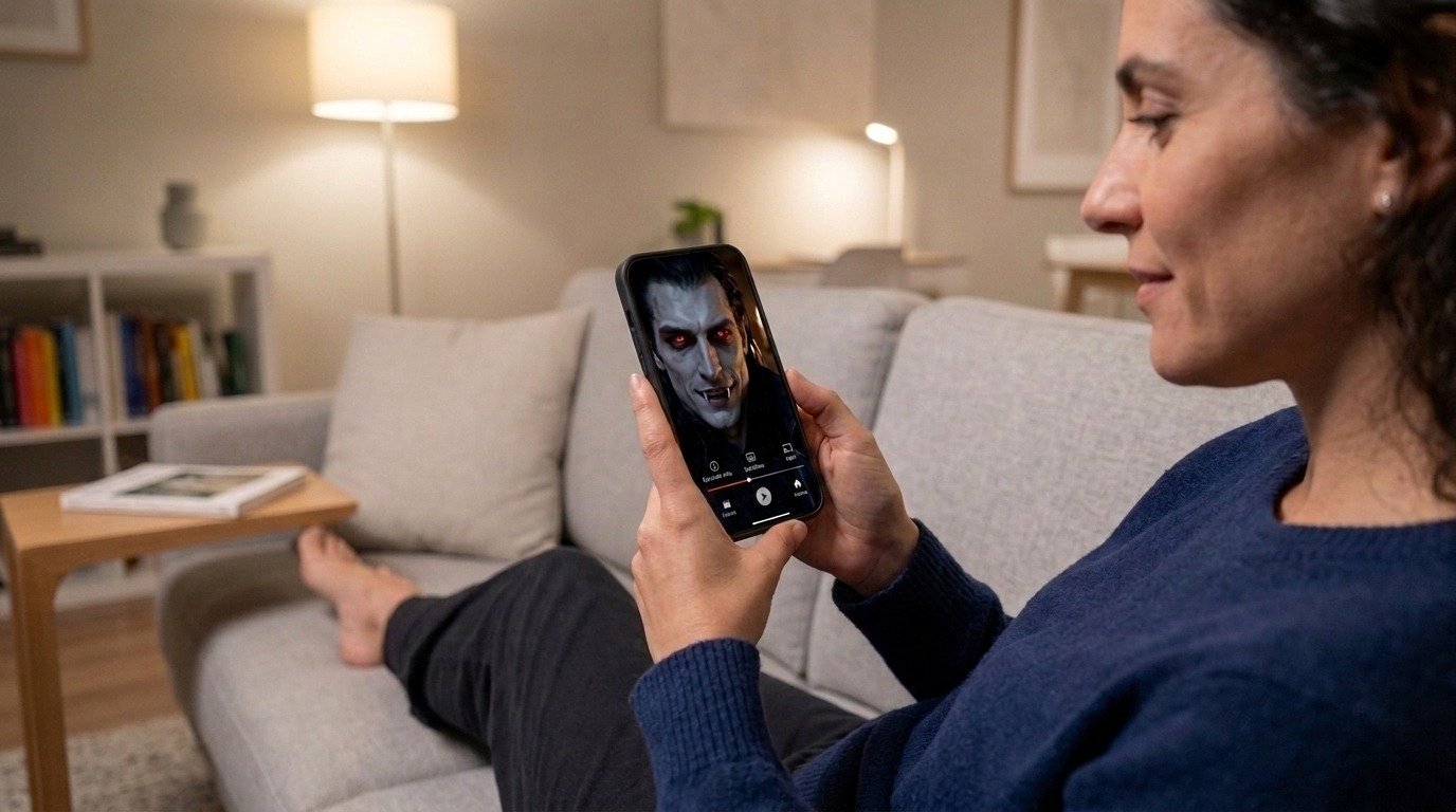 (16 9) mujer viendo serie vertical de vampiros hecha con ia por gennial